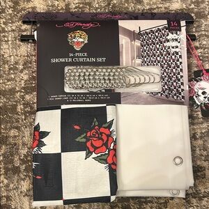 New Ed Hardy Shower Curtain Set with Red and Black Design